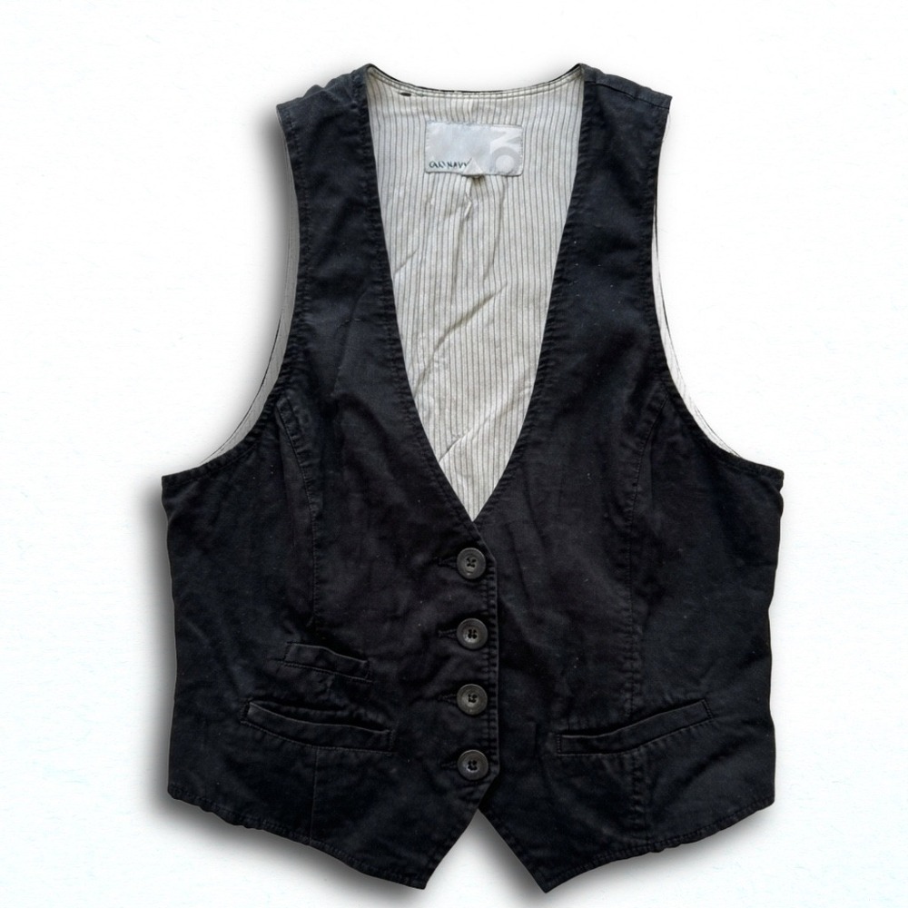 Old Navy Womens Black Button Front Waistcoat Vest Y2K Cropped Size M